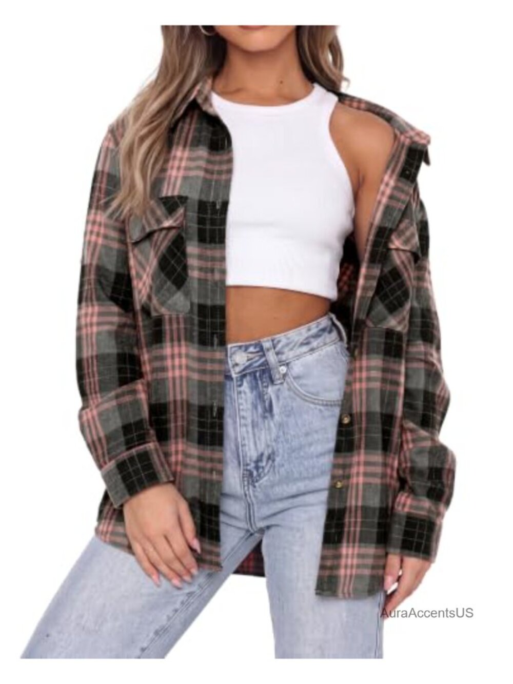 Women's Plaid Flannel Button Down Shirt Long Sleeve Oversized Cotton